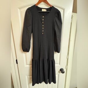 Black Long Sleeve Midi Dress with Button Placket